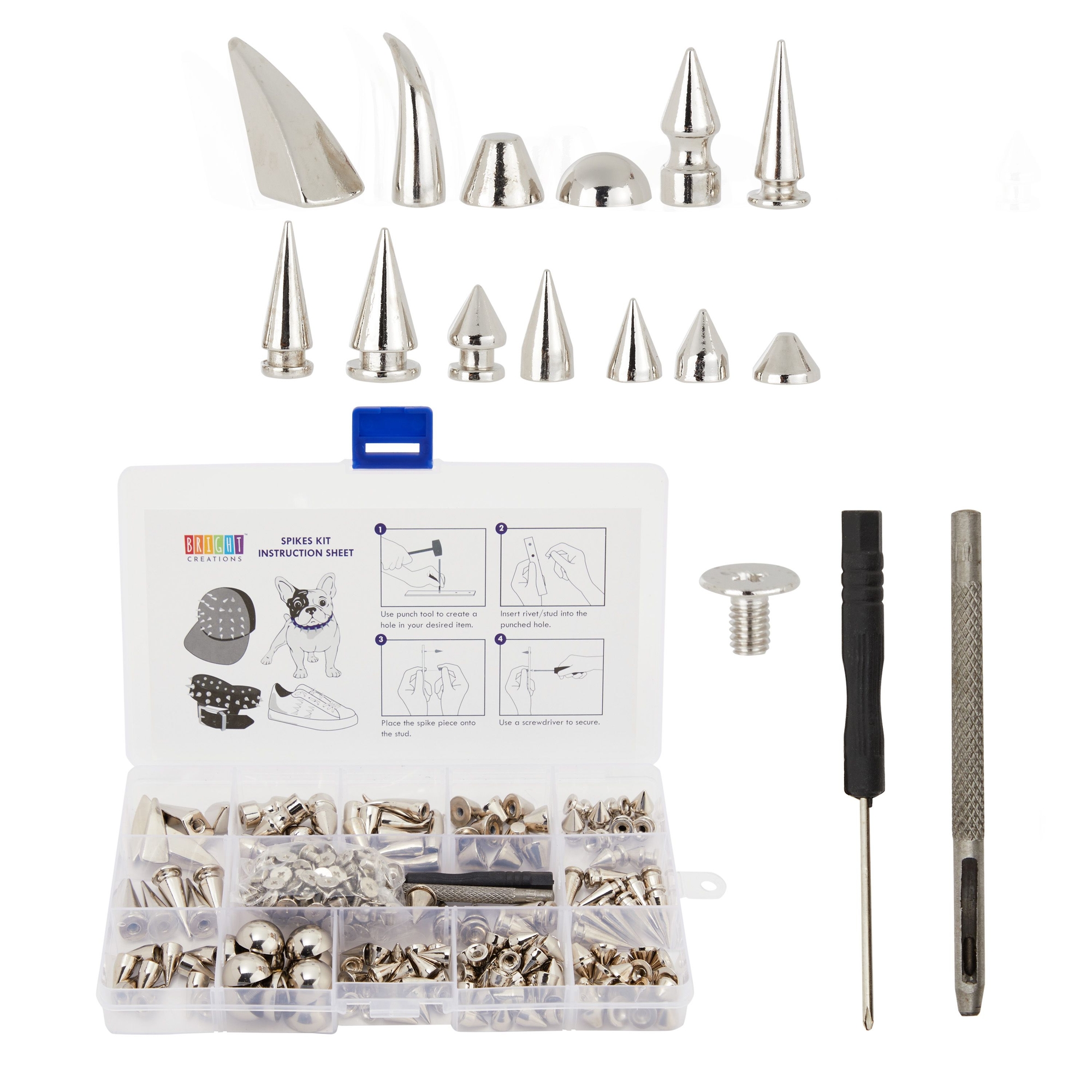 150-Piece Silver Spikes and Studs Set, 13 Assorted Shapes with Screws,  Phillips Screwdriver, Hole Punch Tool, and Plastic Storage Case for Crafts  and